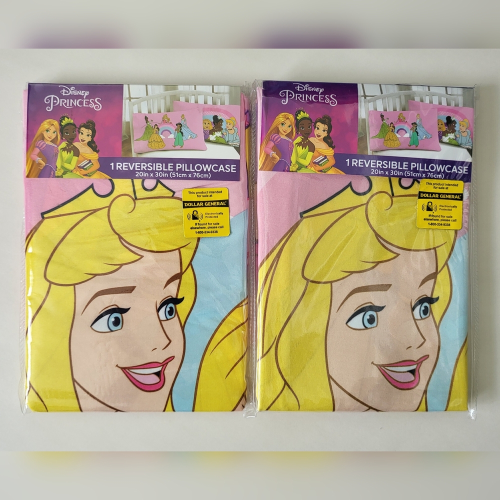 2 New Disney Princess One Piece Reversible Pillowcases 20" x 30" Polyester NIP